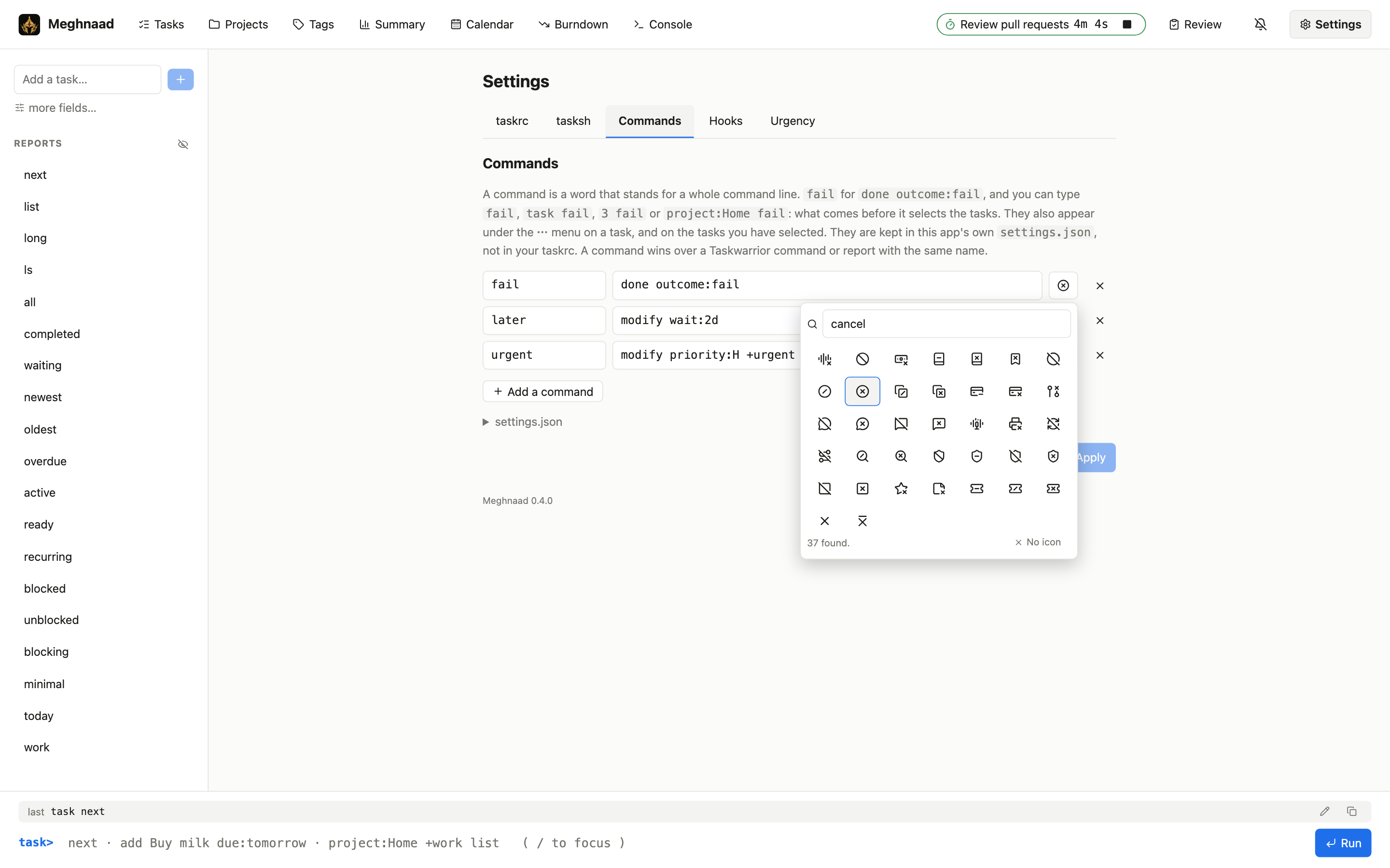 The icon picker, searching for “cancel”: the circled cross is among the results