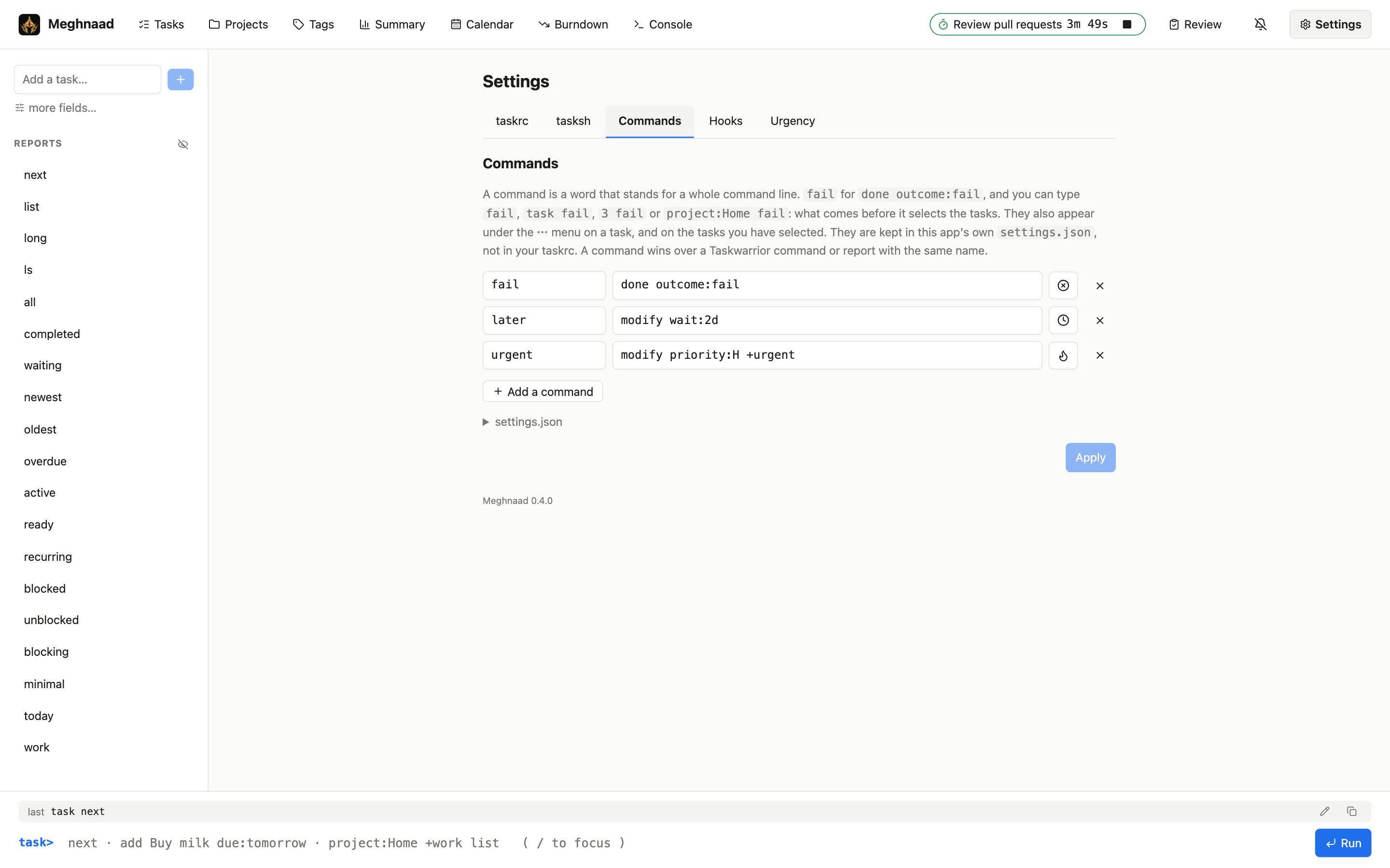 The Commands tab: fail, later and urgent, each with a name, what it stands for and an icon