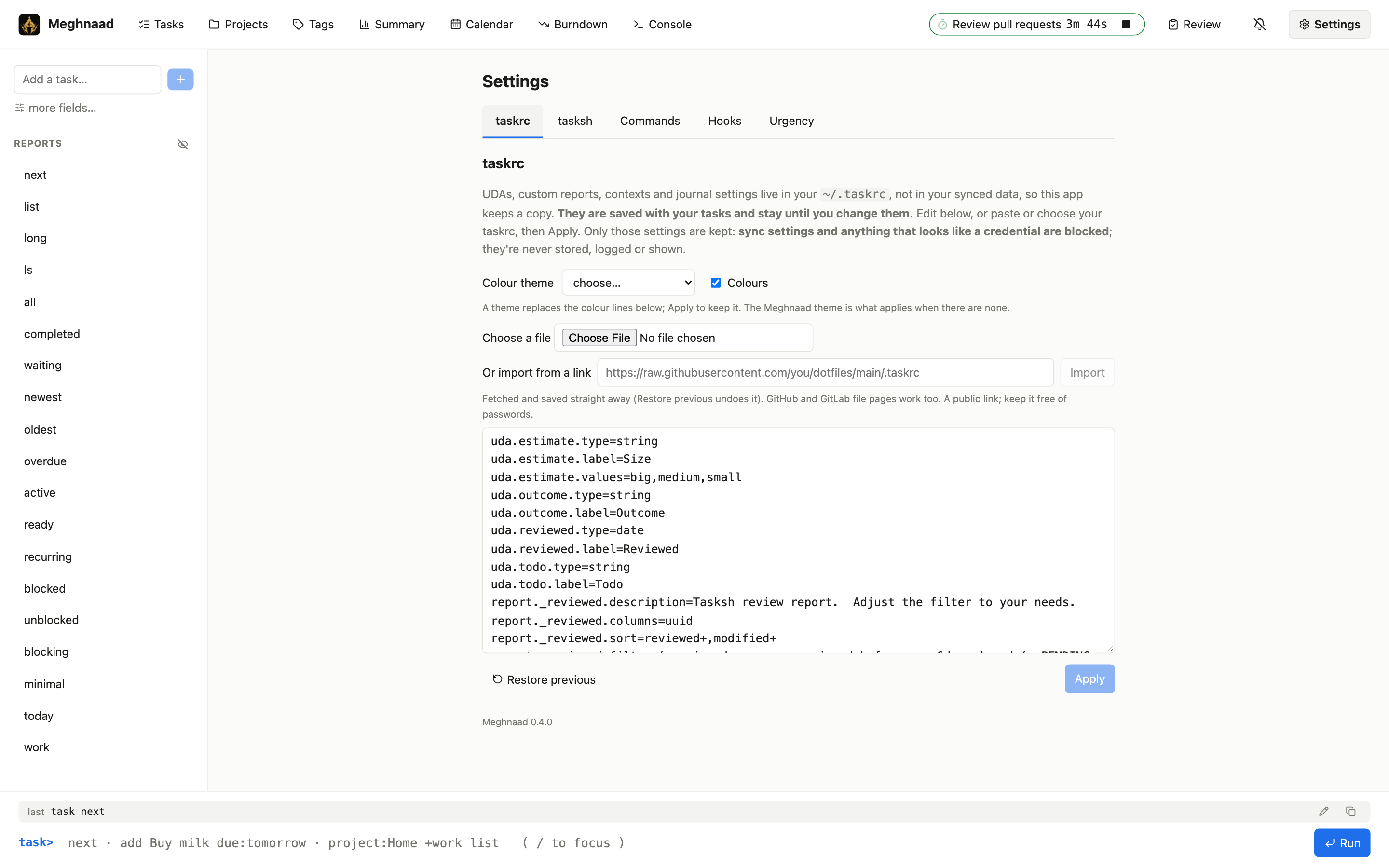 The Settings page, on its taskrc tab: the saved settings as text to edit, with a colour theme picker and import from a file or a link