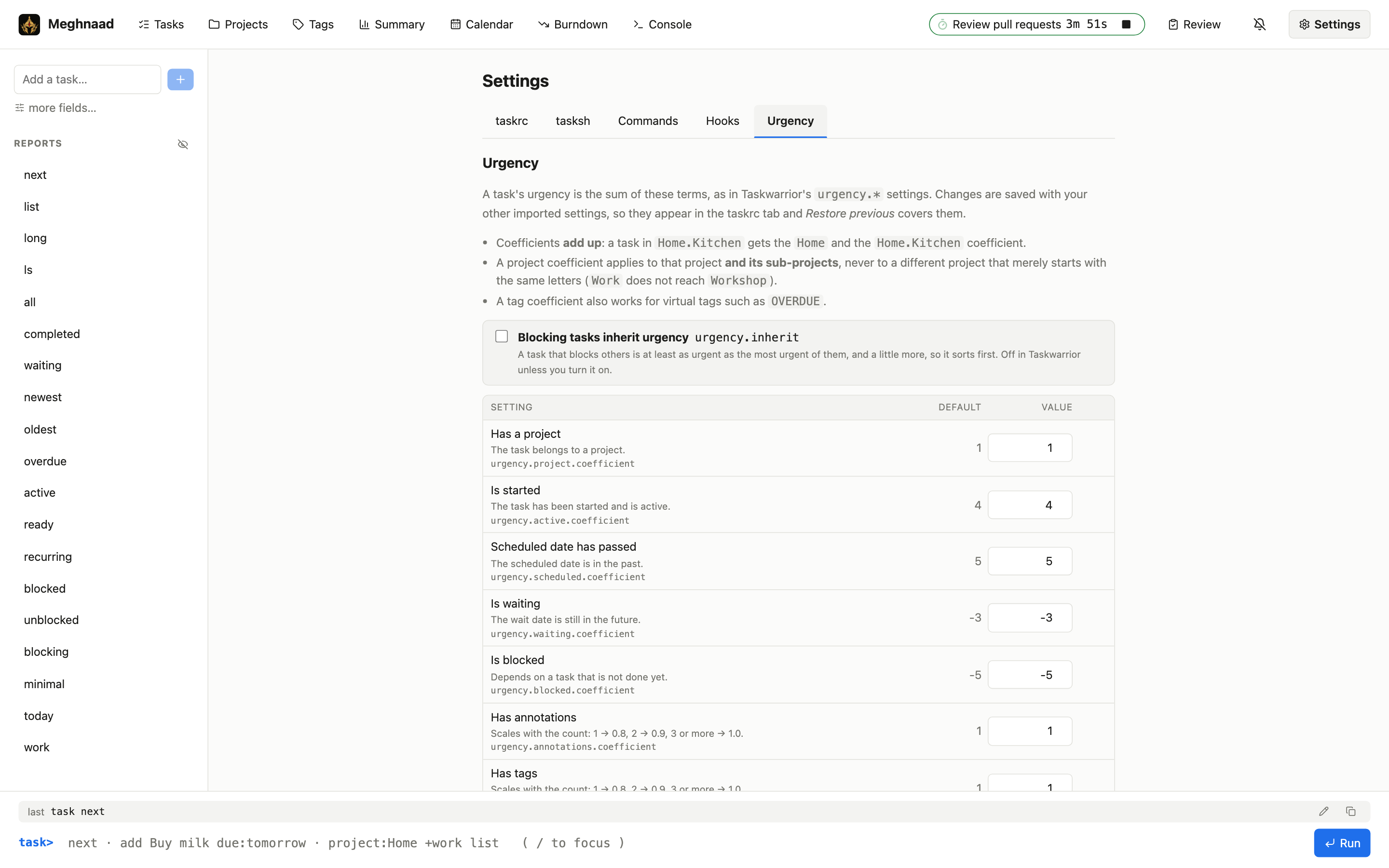 The Urgency tab: the inherit switch, and each coefficient next to its default