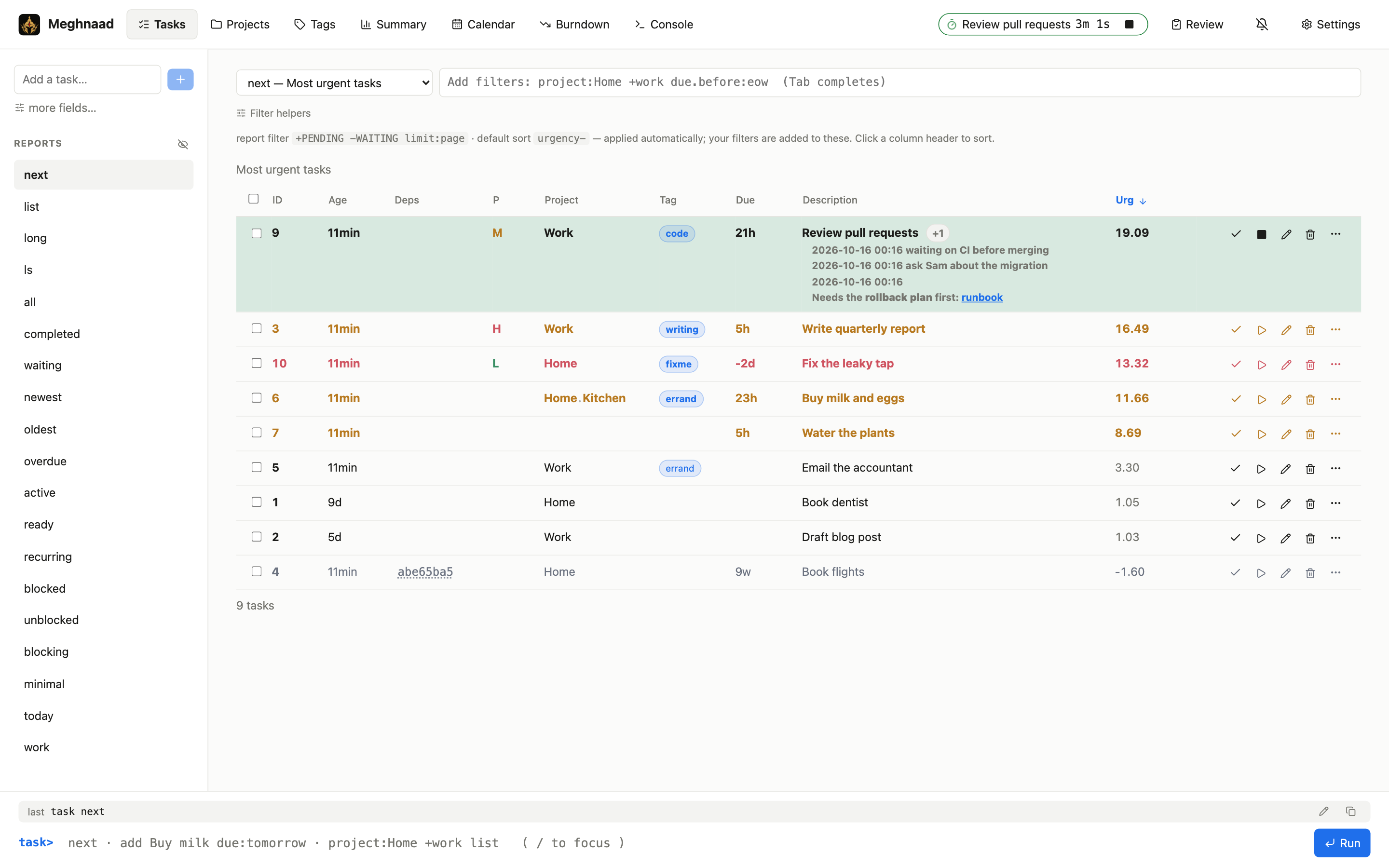 The Tasks view: the next report as a table, with the prompt underneath